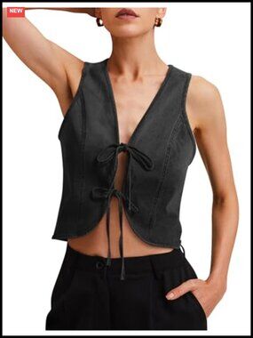 Vintage Cropped Denim Vest Tie Front V-Neck Summer Jean Vest